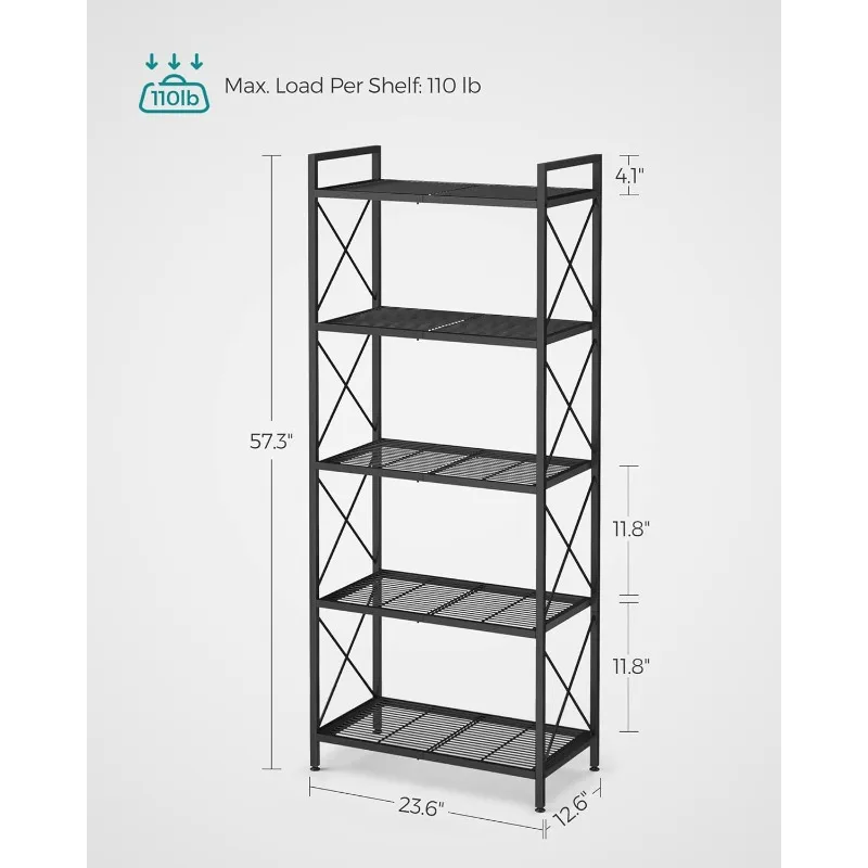 5-Tier Metal Storage Rack, Shelving Unit with X Side Frames, Dense Mesh, 12.6 x 23.6 x 57.3 Inches, for Entryway, Kitchen