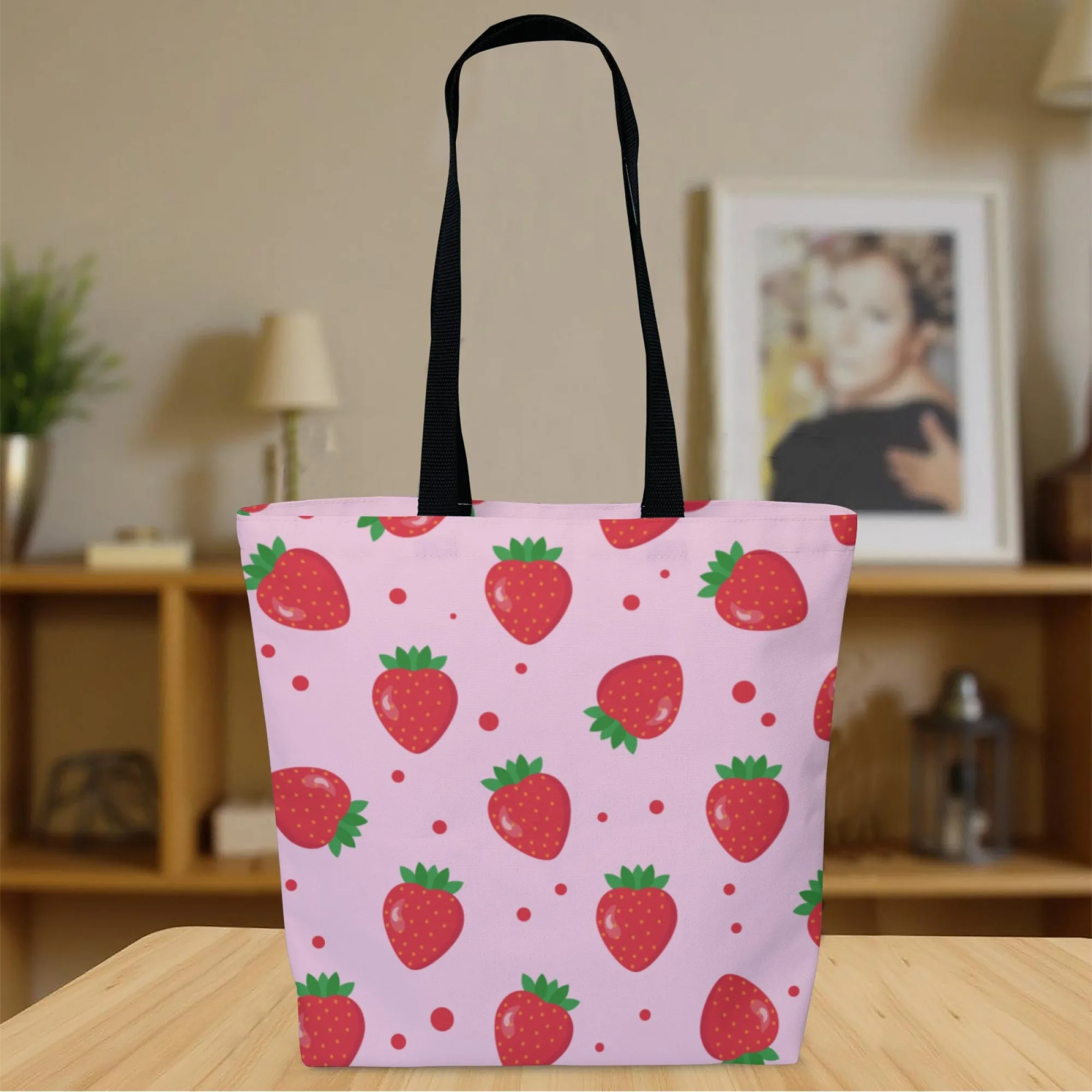 Pink Strawberry & Kawaii Aficionado Canvas Tote Bag Fruit-Themed Shoulder Bag for Women Ideal for Cute Style Fans & Sweet Looks