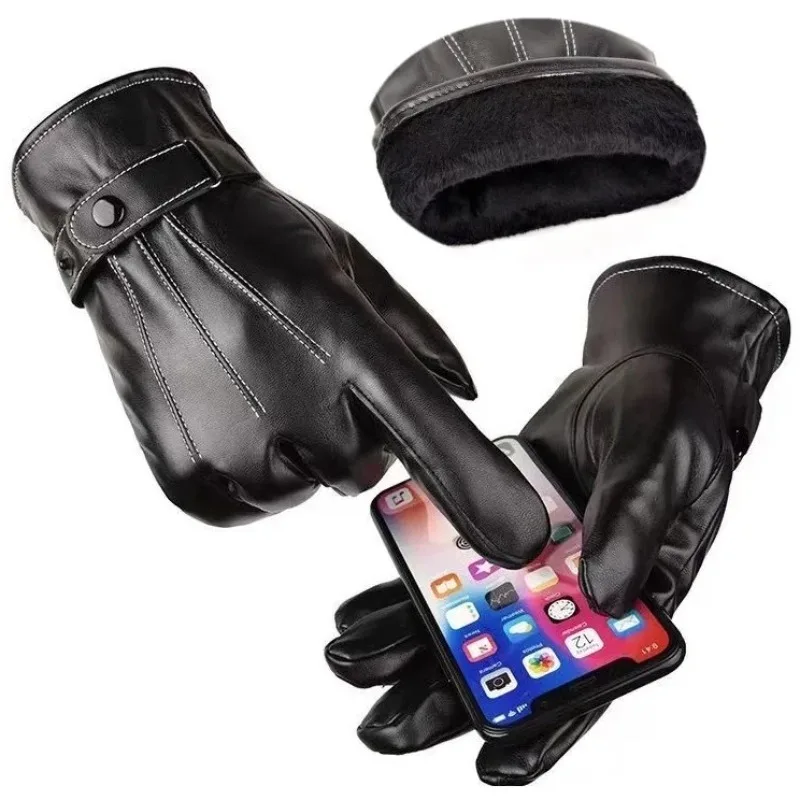 1 Pair High Quality Full Finger Black Riding Gloves  Men PU Leather Glove Winter Warm Touch Screen Gloves