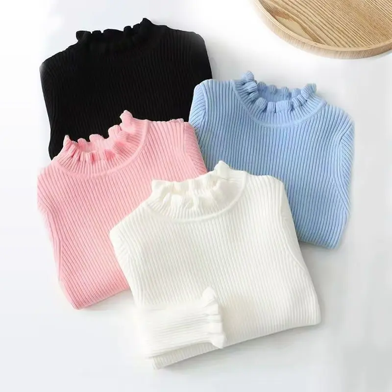 Kids Girls Ruffle Sweaters 2024 New Children Thin Knitted Tops Autumn Winter Cotton Pullovers Pink Turtleneck Tops Korean Style
