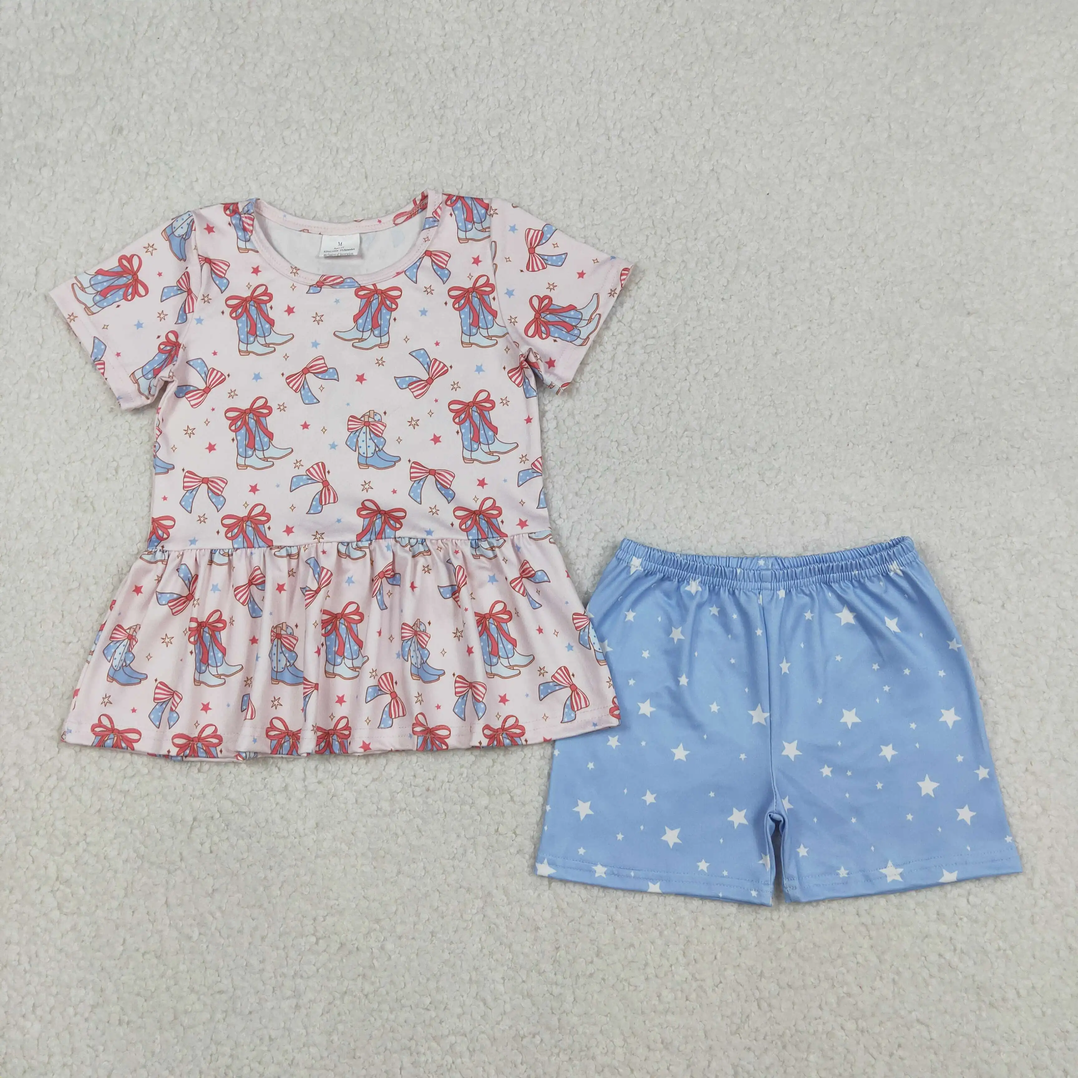 

z1211-13 GSSO2837 Wholesale Boutique kids clothes girl national day boots bow short sleeve shorts Set Summer Children clothing
