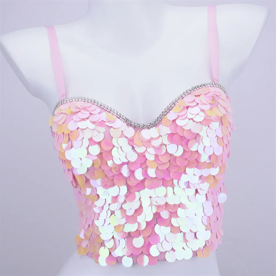 Laser Sequins Fishbone Spice Corset Women Short Beaded Tight Bustier Camisole Cyber Sweetheart Detachable Straps