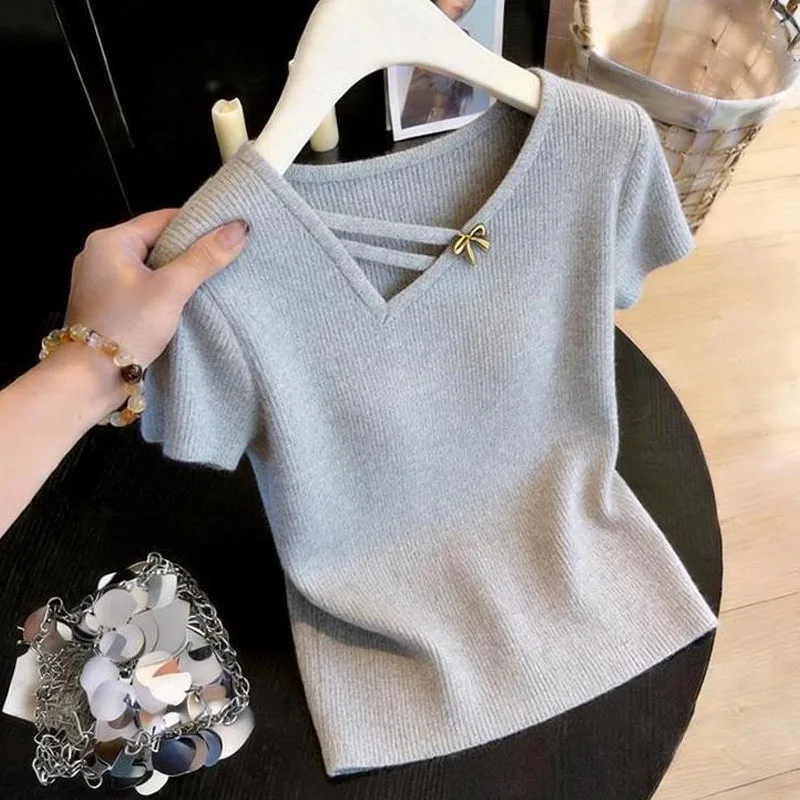 

Knitted Sweater Women Pullovers New Summer Slim Skew Collar Knit Sweater Pullover Women Tops White Short Sleeve Knitwears Q3779