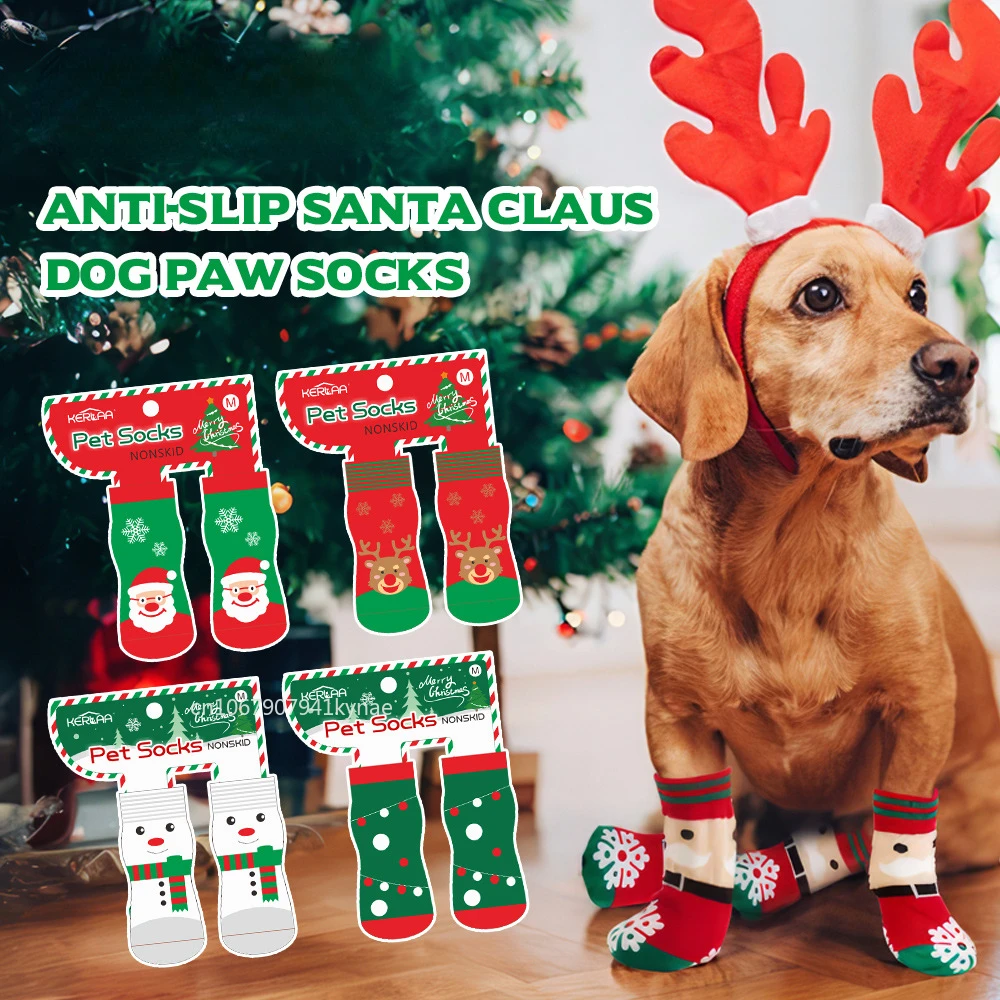 Christmas Socks for Santa Claus Elk Snowman Pet Socks Non Slip Foot Cover Christmas Supplies Dog Shoes for Small Dogs