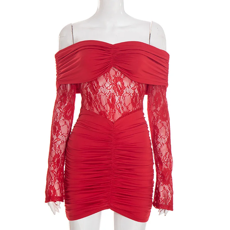 Robe mini sexy à épaules dénudées avec patchwork en dentelle, moulante, dos nu, manches longues, froncée, taille haute, pour club et soirée
