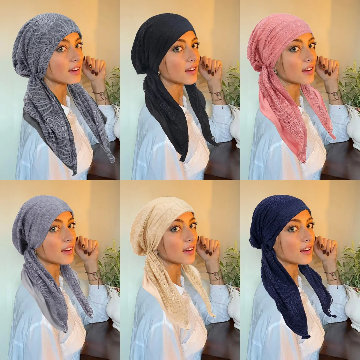

2026 New Double-Layer Lace Women's Hijab Soft Elastic Pleated Head Scarf Cap Breathable Hair Cap Fashionable Turban Bonnet