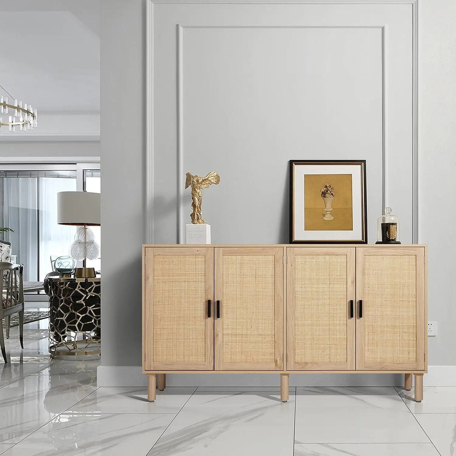 4 Door Sideboard Buffet Cabinet, Kitchen Storage Cabinet with Rattan Decorated Doors, Cupboard Console Table