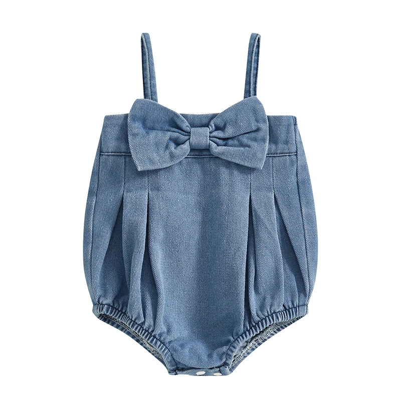 

Baby Girl Denim Romper Sleeveless Square Neck Bow Front Strap Bodysuit Newborn Playsuit
