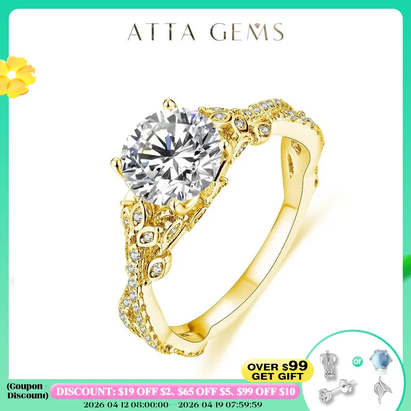 

ATTAGEMS 2.0CT Moissanite Rings Round Cut D Color VVS1 Pure 18K 14K 10K Gold Plated Engagement Wedding Diamonds Rings For Women