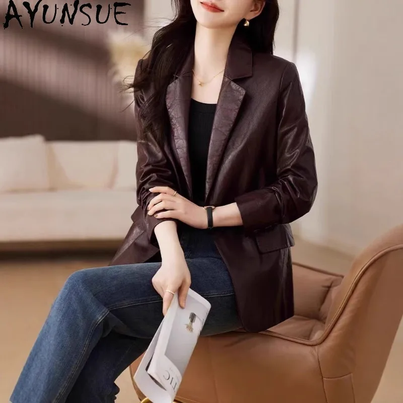 AYUNSUE Women's Real Leather Jacket Slim-fit Casual Mid-length Jackets for Woman Fashion Sheepskin Top Woman Clothes Casaco