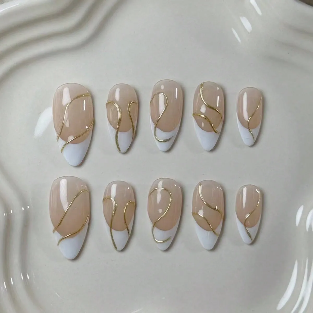 10-delige pure handgemaakte amandelvormige nagels, nude wit Frans goud driedimensionale lijnen, geschikt voor woon-werkverkeer, delicaat