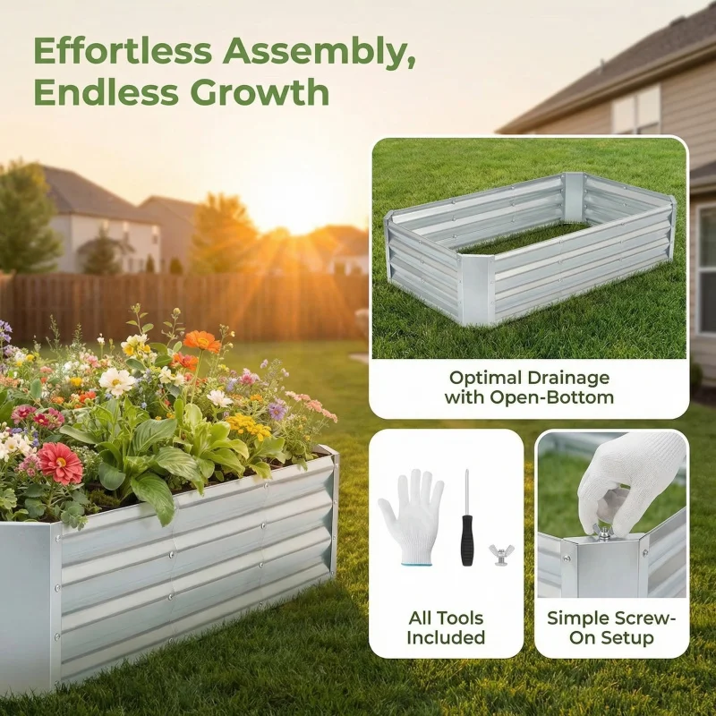 Large Bottomless Galvanized Garden Planting Bed Kit4×2×1ftMetal flower pot box is suitable for outdoor gardening, vegetable, her view 2