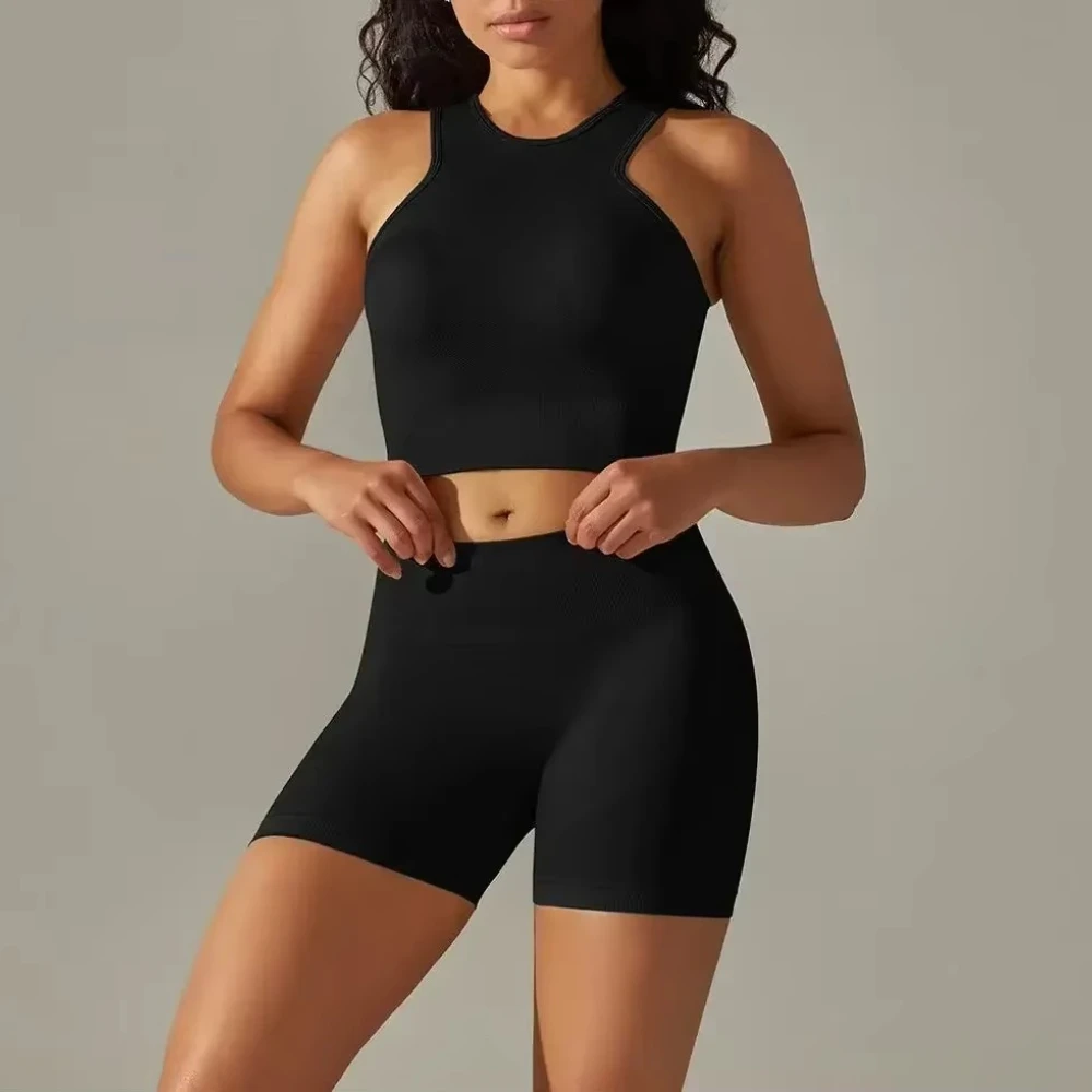 MIML Women's Seamless Knitted Solid Color Vest Hip Lifting Shorts Yoga Set Sports Running Fitness Crop Top