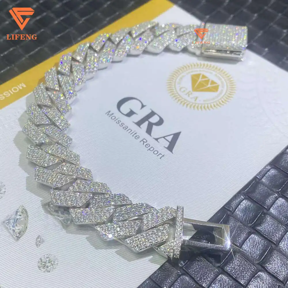 

Lifeng Fashion Jewelry Bracelets 18mm 3row Cuban Link Chain S925 Silver Bracelet Full Iced Out Diamond Moissanite Bracelet