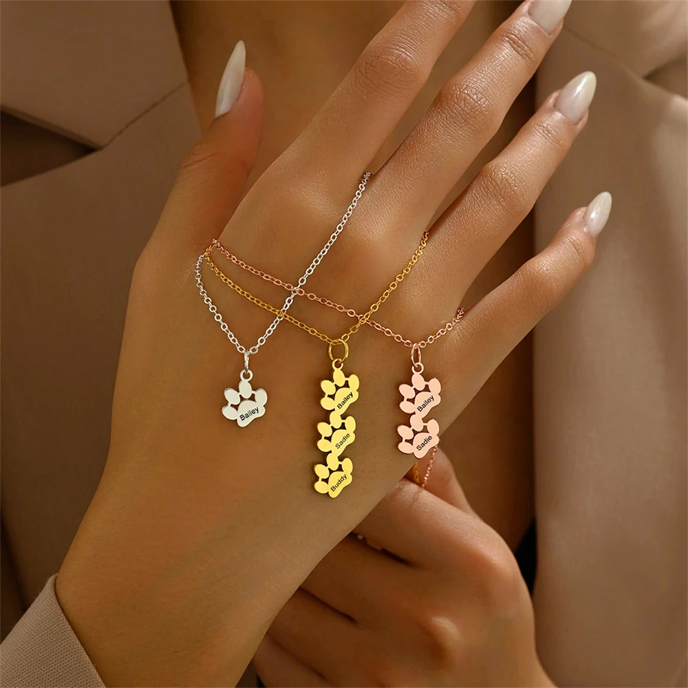 Cute Dog Paw Print Necklace Personalized Engraved Multiple Names Necklaces Stainless Steel Jewelry Memorial Gift For Women Men