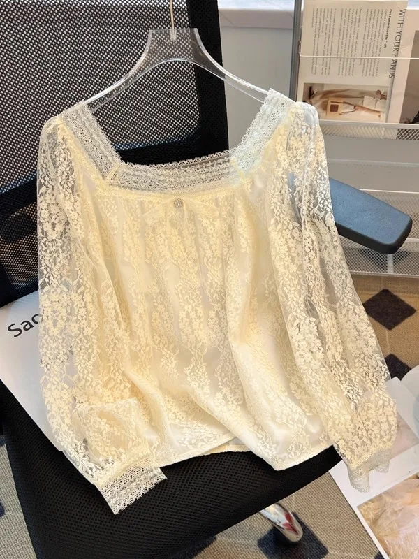 

Faionable Long Sve Lace irt Women's Loose Fit Square Collar Autumn Winter Spring New Sle Versatile Slimming Top