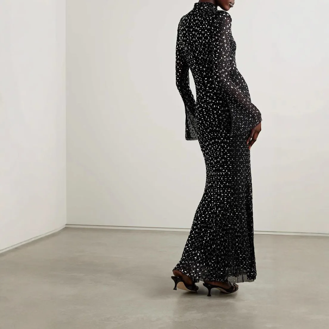 Stylish New Women's Black Dress Sheer Long Sleeve Drilling Calf-length Dresses Sparkling Embellishments Ideal for Evening Event