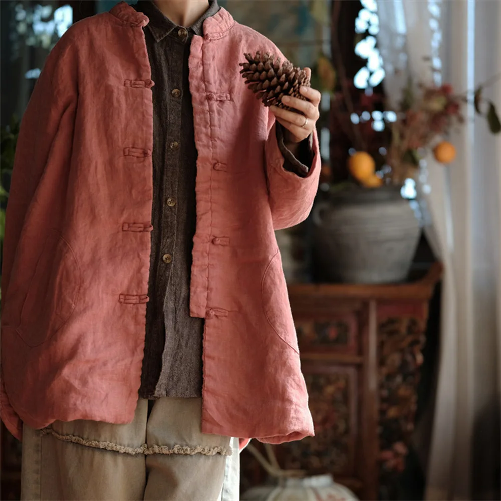 Women's Quilted Lightweight Jacket Loose Retro Casual Outerwear Ramie Frog Button Padded Chinese Style Tang Suit Autumn winter