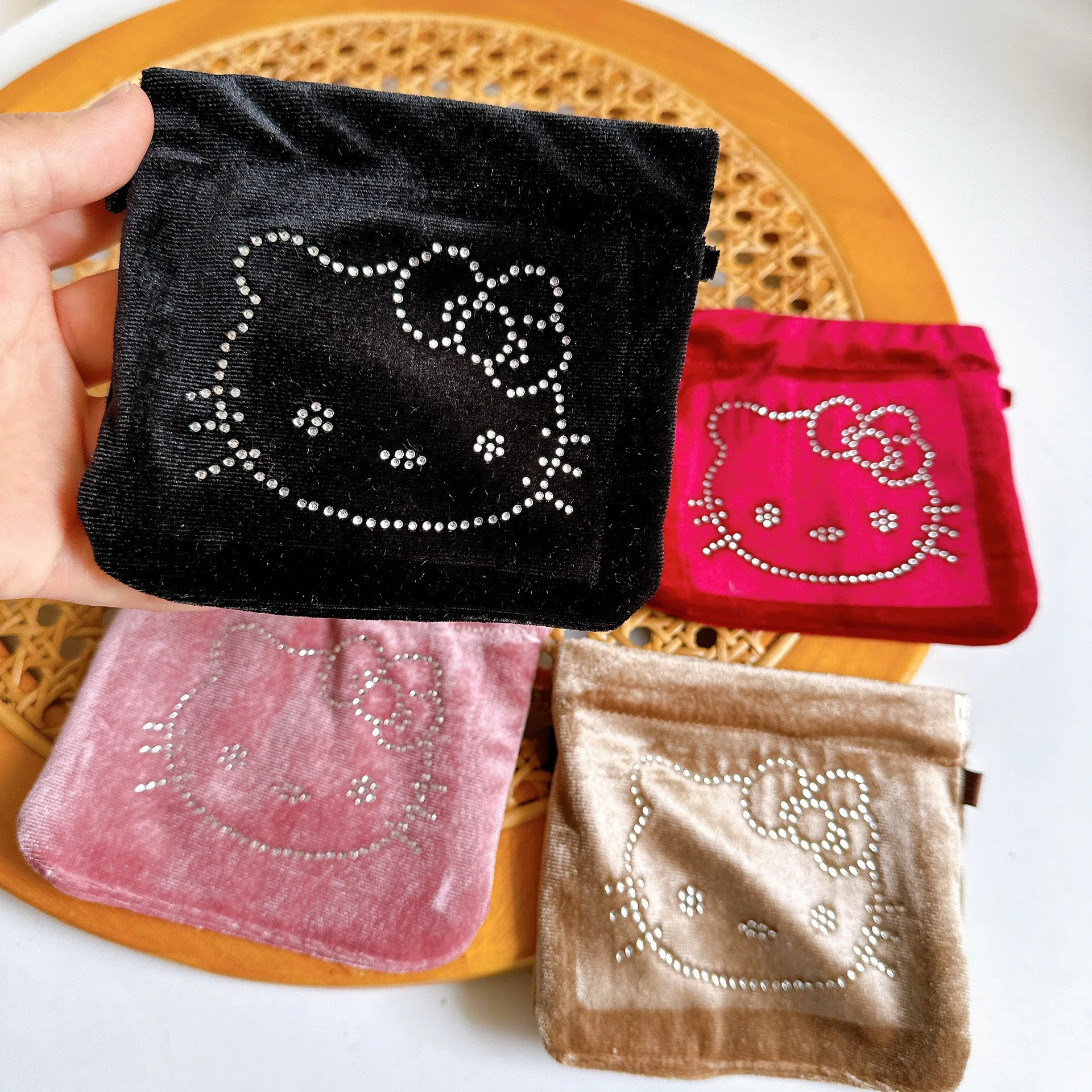 Cute Hello Kitty Square Storage Bag Exquisite Velvet Material Hot Diamond Craftsmanship Portable Zero Wallet Mini Storage Bag