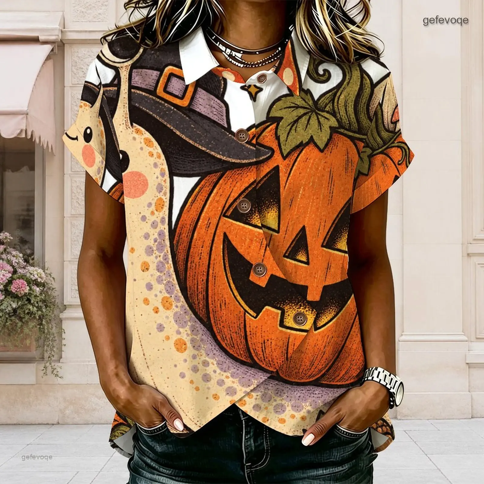 Women Printed Short Sleeve Collared Button Front Shirt, Cartoon Jack-o'-Lantern Snail Witch Hat Print Cross Hem Top