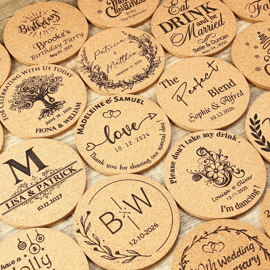 Sous-verres en liège gravés personnalisés en gros, souvenirs de scène, cadeaux pour invités de mariage et de fête prénuptiale, fournitures promotionnelles personnalisées