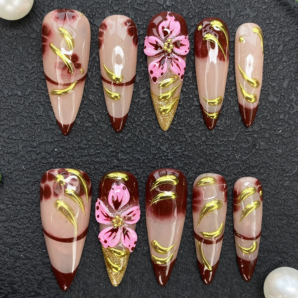 

Glamorous Thick Acrylic Handmade Press on Nails Luxury Glossy Exquisite Hand Paint Manicure 10PCS Artificial Fingernails Tips