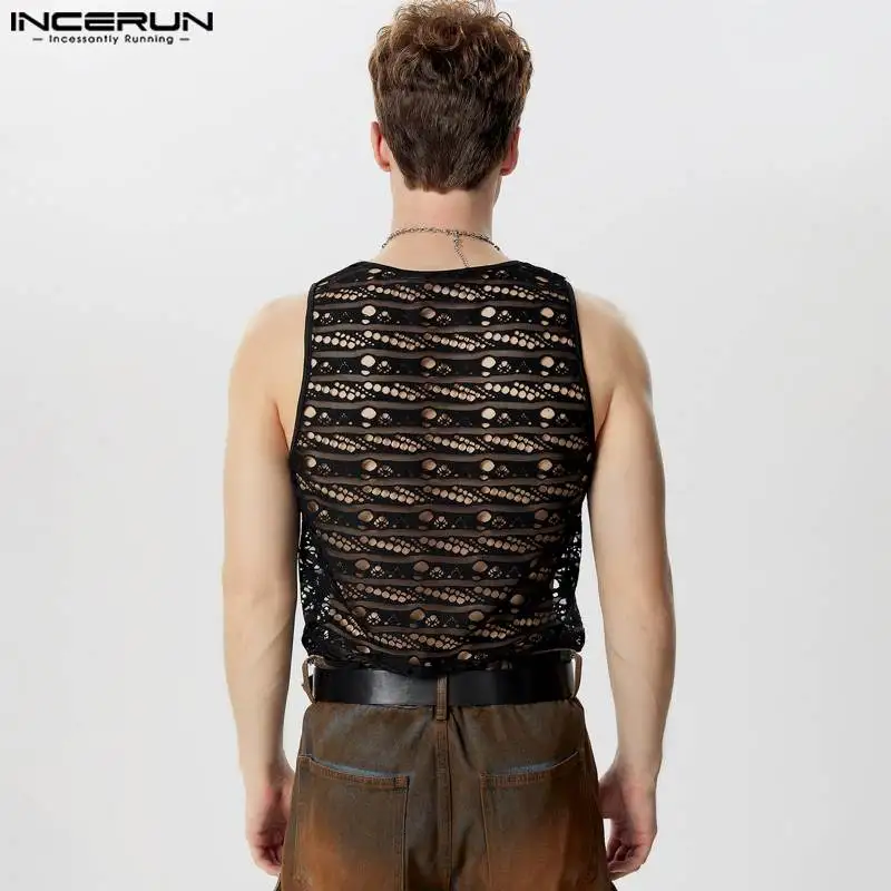 INCERUN Men Tank Tops Lace Hollow Out Transparent O-neck Sleeveless Male Vests Streetwear 2024 Summer Sexy Fashion Men Clothing