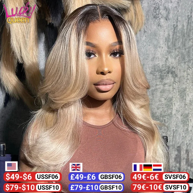 Ombre Ash Blonde Body Wave Wig with Layer Dark Root Transparent Lace Front Human Hair Wig for Women 5X5 Closure Wig Pre Plucked