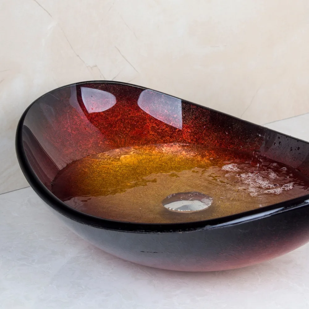 KEMAIDI New Bathroom Oval Tempered Glass Basin Vessel Vanity Sink Bowl With Pop Up Drain Bathroom Sink Basin Faucet Tap