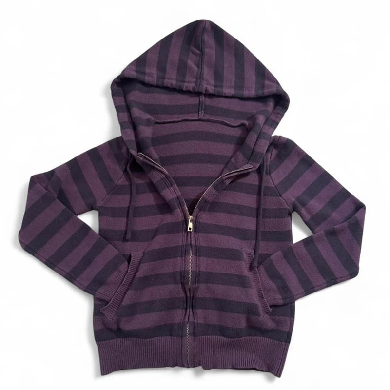 Sudadera con capucha Harajuku Vintage Y2K para mujer, cárdigan Sexy ajustado, informal, a rayas, sudadera Grunge Punk Hip Hop, ropa de calle femenina