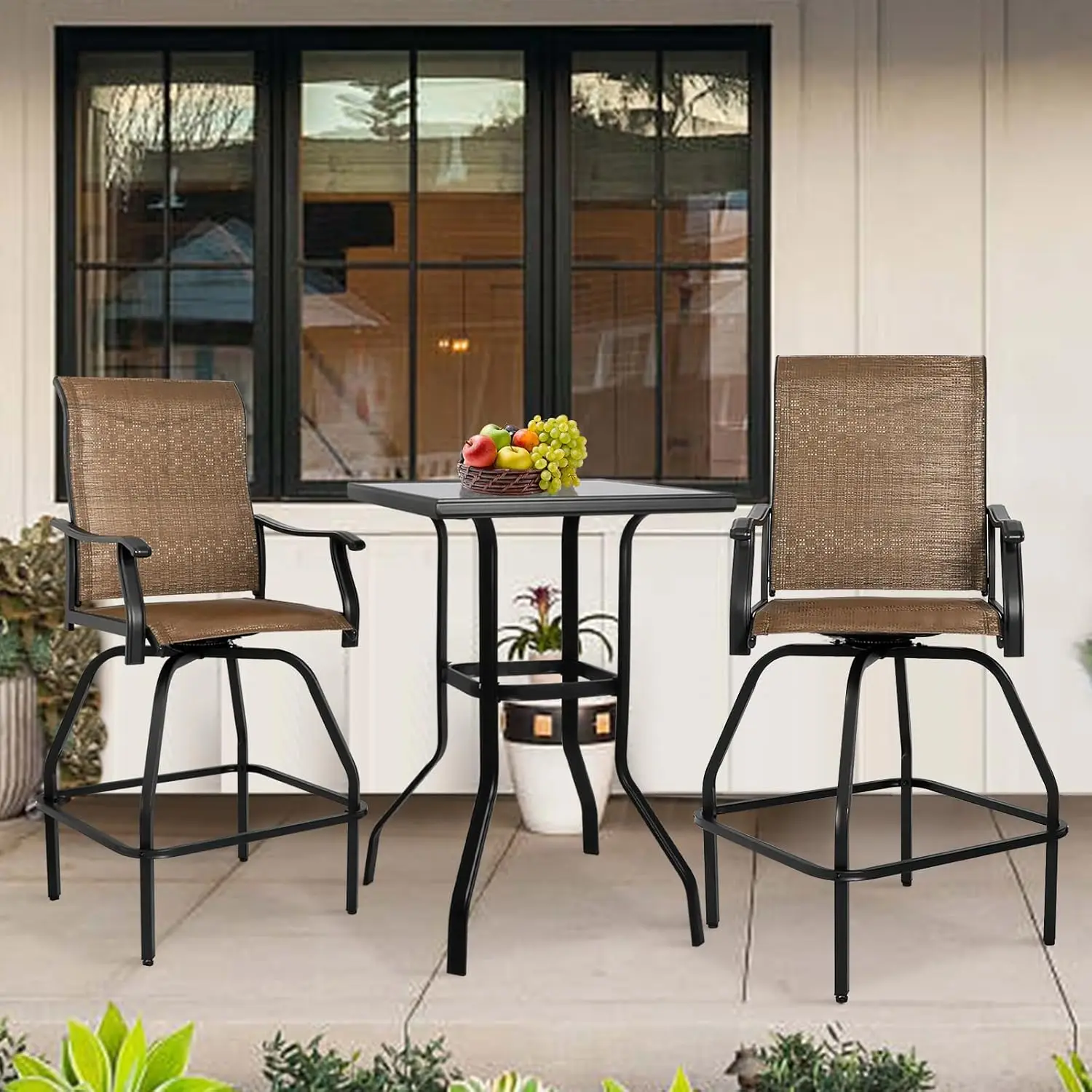 Patio Bar Set 3pcs Swivel Bar Stools Outdoor Bistro Textilene Furniture Stability All-Weather Set with Height Table (3, Dark Bro