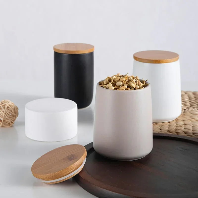 Nordic Porcelain Simplicity Sealed Tank Ceramic Storage Box Spice Jar Coffee Bottle Wood Lid Grain Container Kitchen Accessories