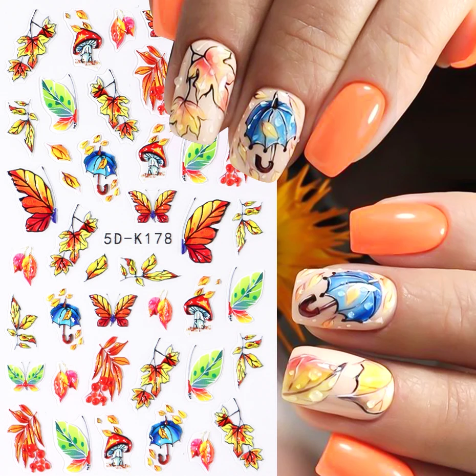 1 pz 5D autunno foglie Nail Art adesivi foglia d'acero farfalla fungo ombrello inciso cursore in rilievo decorazione Manicure autunnale