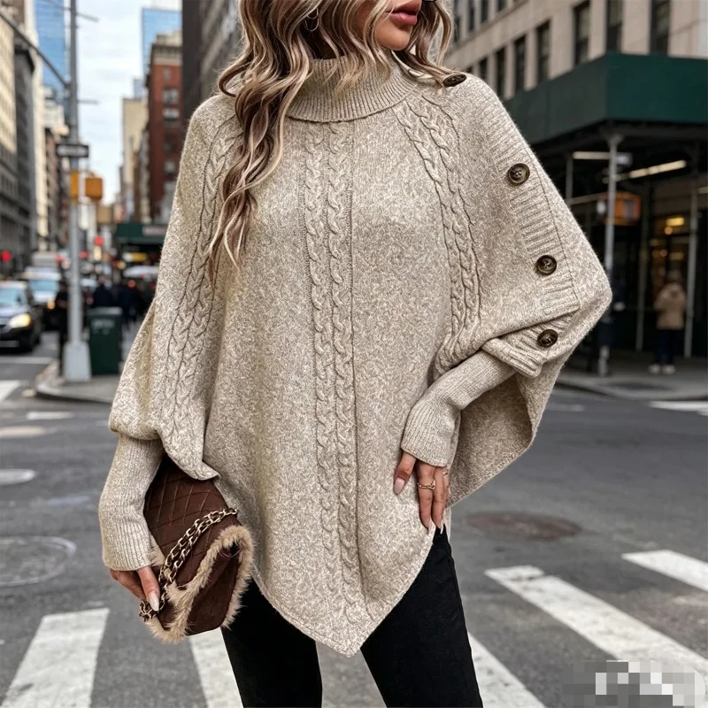Women's Twisted Sweater Turtleneck Button Bat-sleeve Design Sense Streetwear Pullover Knit Sweater Women Tops Autumn And Winter