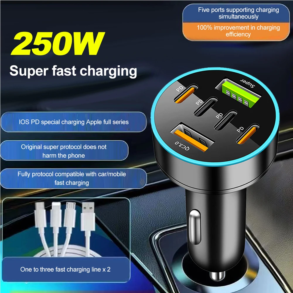 250W Car Charger QC 3.0 PD USB Quick Charging 6Port 8Port Phone Charger Adapter for iPhone 12 Pro Max 14 Plus 13 Huawei Oneplus