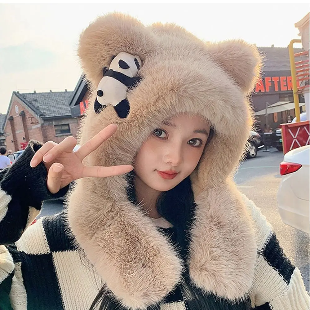 Fashion Cute Cartoon Plush Hat Winter Keep Warm Ear Protection Cap Gift Windproof Scarf One-Piece Hat for Women