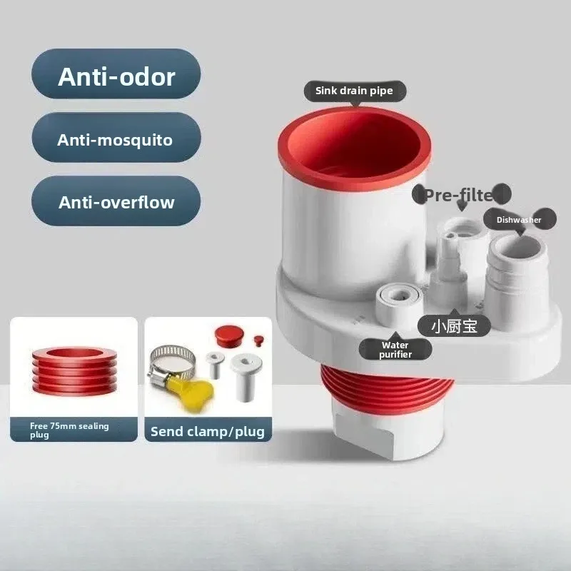 Kitchen Deodorant Sewer Tee 5-Way Diverter, Integrated Deodorant Sink Drain Pipe Accessories, Side Drain Hose