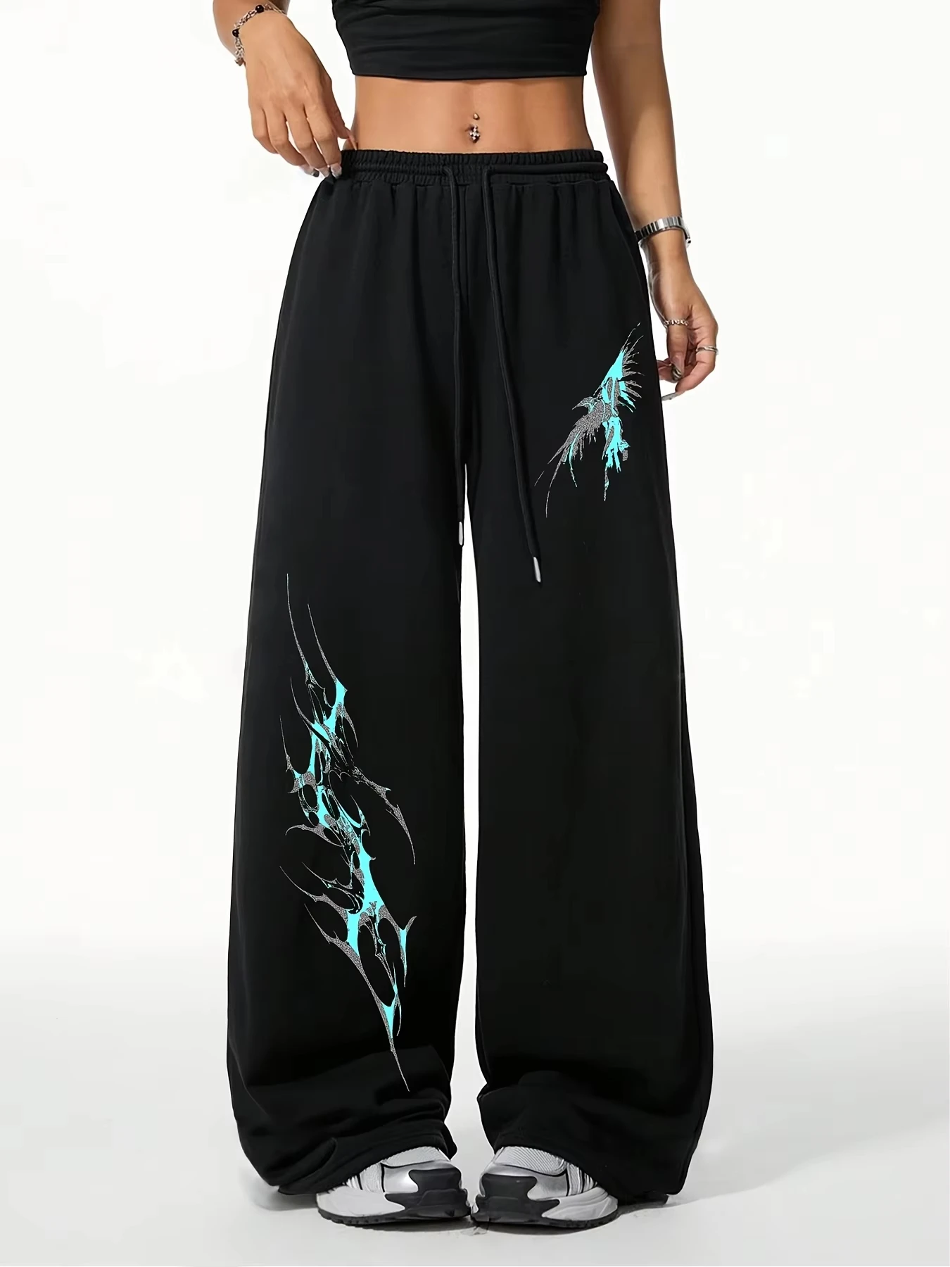 Y2K Baggy Sweatpants Cyan Flame Tribal Tattoo Print Drawstring Wide Leg Pants Gothic Grunge Streetwear Casual Trousers