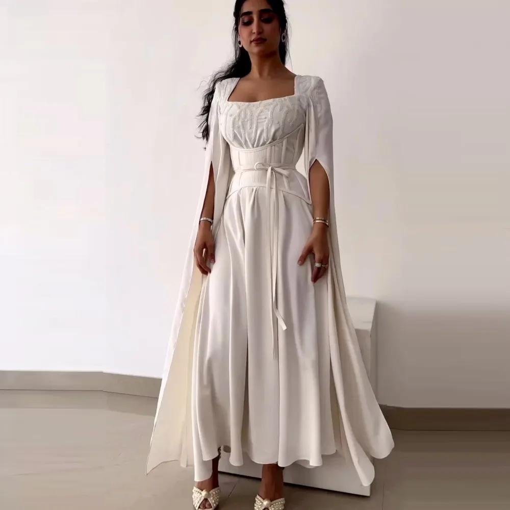 BridalAffair Square Neck Backless Evening Formal Saudi Arabia Satin Flare Sleeves Party Dresses Gowns Women Robes de Soirée 2023