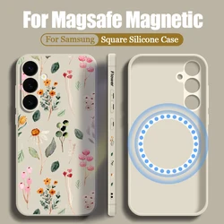 Magnetic TPU Lanyard Case For Samsung Galaxy S25 S24 S23 S22 Ultra S25 S23 FE For Magsafe Wireless Charge Floral Phone Cover