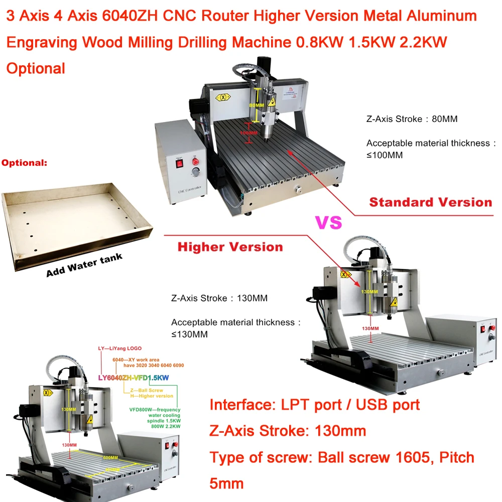 

3 Axis 4 Axis 6040ZH CNC Router Higher Version Metal Aluminum Engraving Wood Milling Drilling Machine 0.8KW 1.5KW 2.2KW Optional