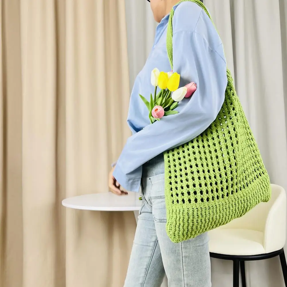 Shoulder Bag Stylish Crocheted Beach Tote Bag with Capacity Great Load Bearing for Shoulder Knit Handbag Elastic Solid Color