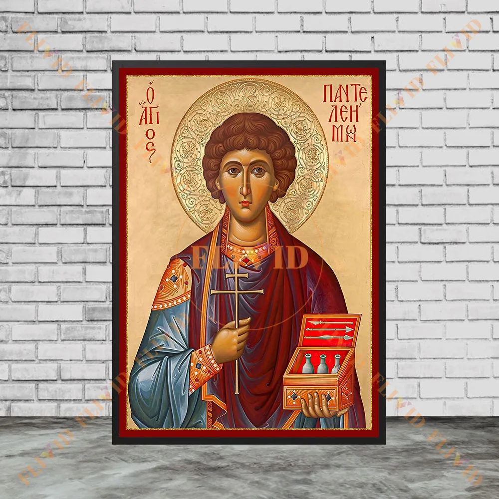 Holy Saint Panteleimon Healer Religious Wall Art Canvas, Byzantine Orthodox Icon Poster, Vintage Biblical Saint Print Home Decor