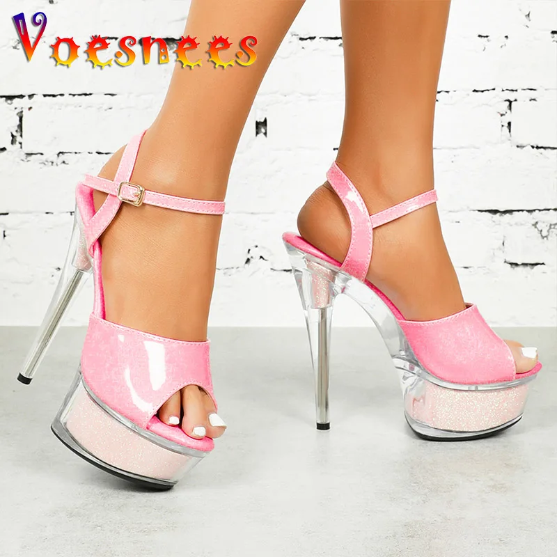 Summer Sexy Thin High-heeled Pumps Ladies Crystal  Waterproof Platform Ankle Buckle Sandals SM Crossdresser Women Shoes 14.5CM