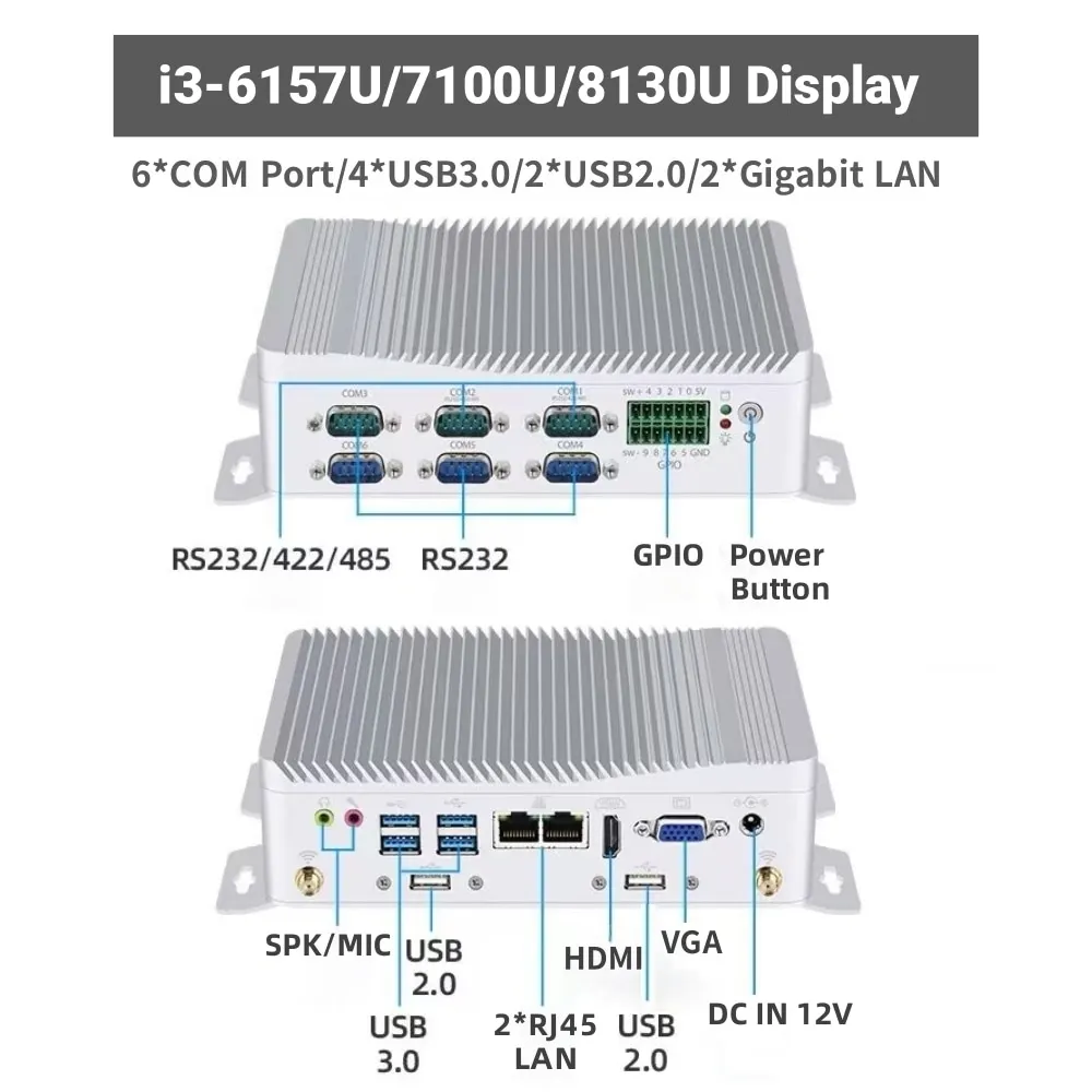 Ordenador Industrial integrado Core i3 8130U 7100U 6157U 6 puertos COM serie RS485 GPIO HD VGA Win10 Mini PC sin ventilador montado en la pared