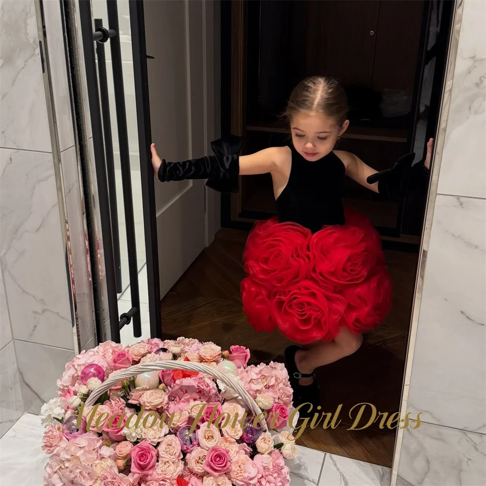 Meadow Black and Red Princess Girls Dress Halter First Communion Gown Oversized 3D Rose Skirt Children Birthday Wedding Dresses