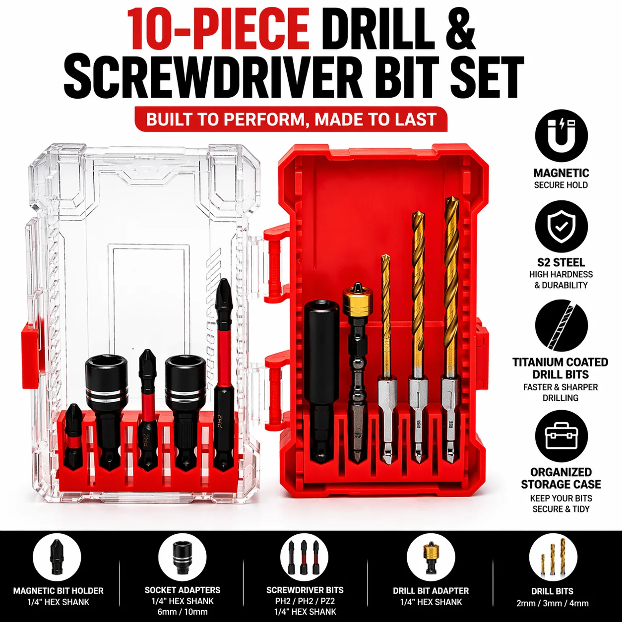 Rafford 10PCS Titanium Drill Bit & Screwdriver Bit Set with Storage Case for Wood Metal DIY Repair