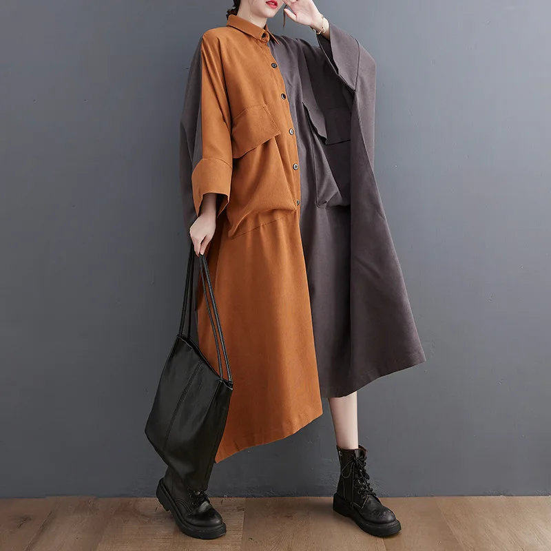 HUISONG فستان قميص ميدي نسائي برتقالي بجيوب كبيرة الحجم مع طية صدر السترة وأكمام طويلة موضة المد ربيع الخريف 2025 6nw3ra