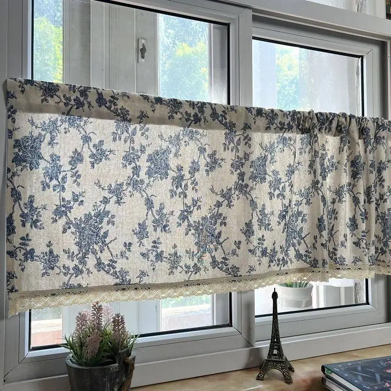 Cotton Linen Fabric Short Curtain Floral Vintage Boho Shading Curtain Bedroom Living Room Partition Decoration Conceal Ugliness
