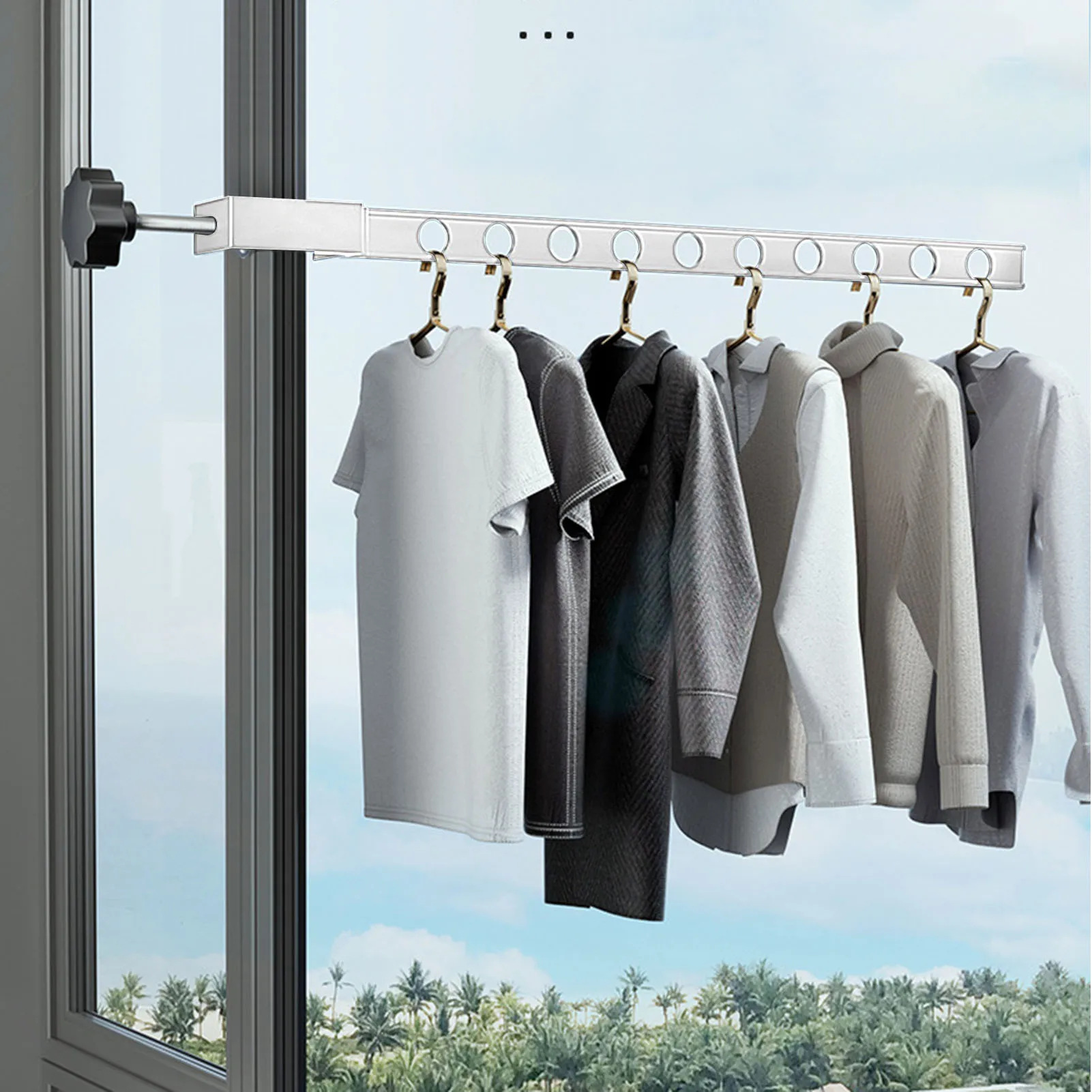 

No-Punch Aluminum Drying Rack, Wall Mounted Space Saving Clothes Rod with 10 Holes,Non-Slip Coat Holder for Balcony Bedroom